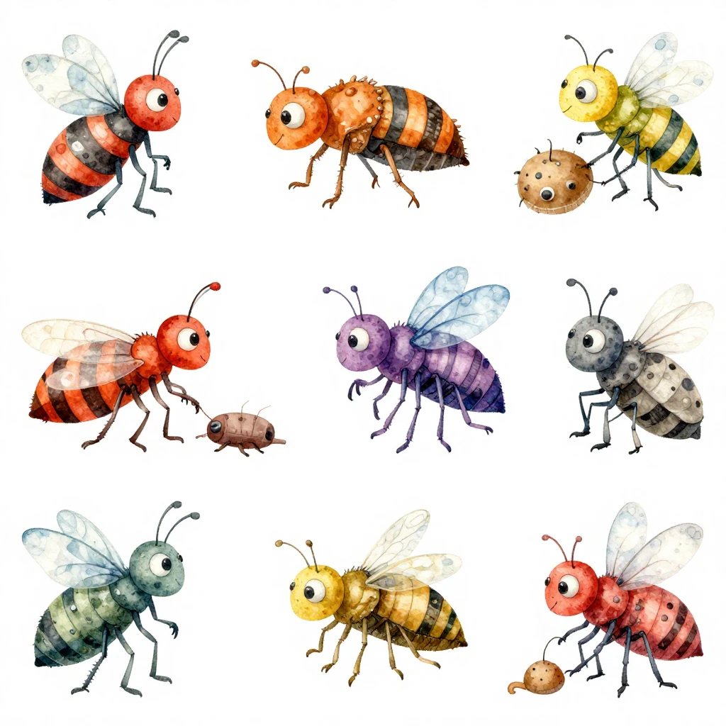 A bright and colorful watercolor scene depicting various car...