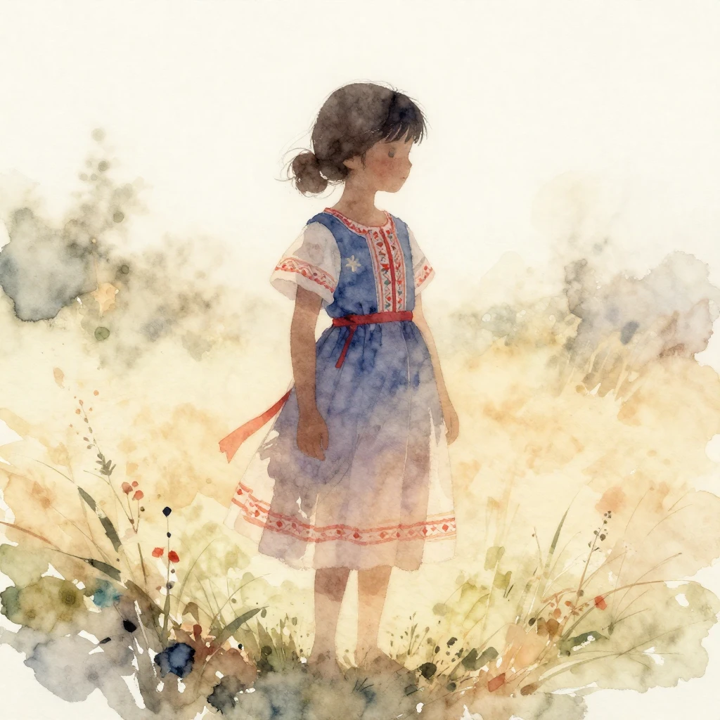 A watercolor painting of a young girl, seen in silhouette, s...