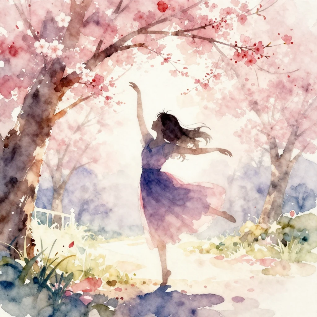 Watercolor painting of a graceful silhouette of a girl danci...