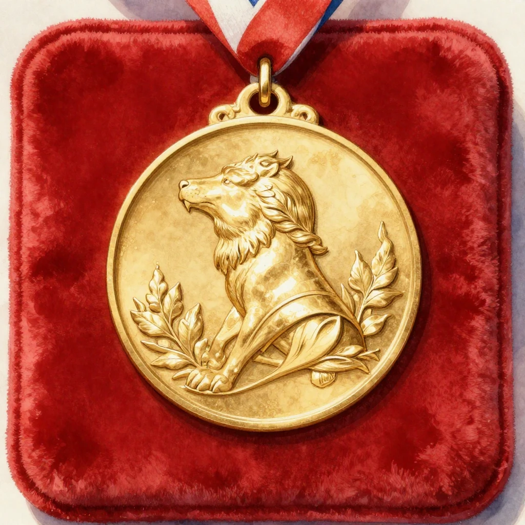 A close-up of a shining golden medal, intricately designed, ...