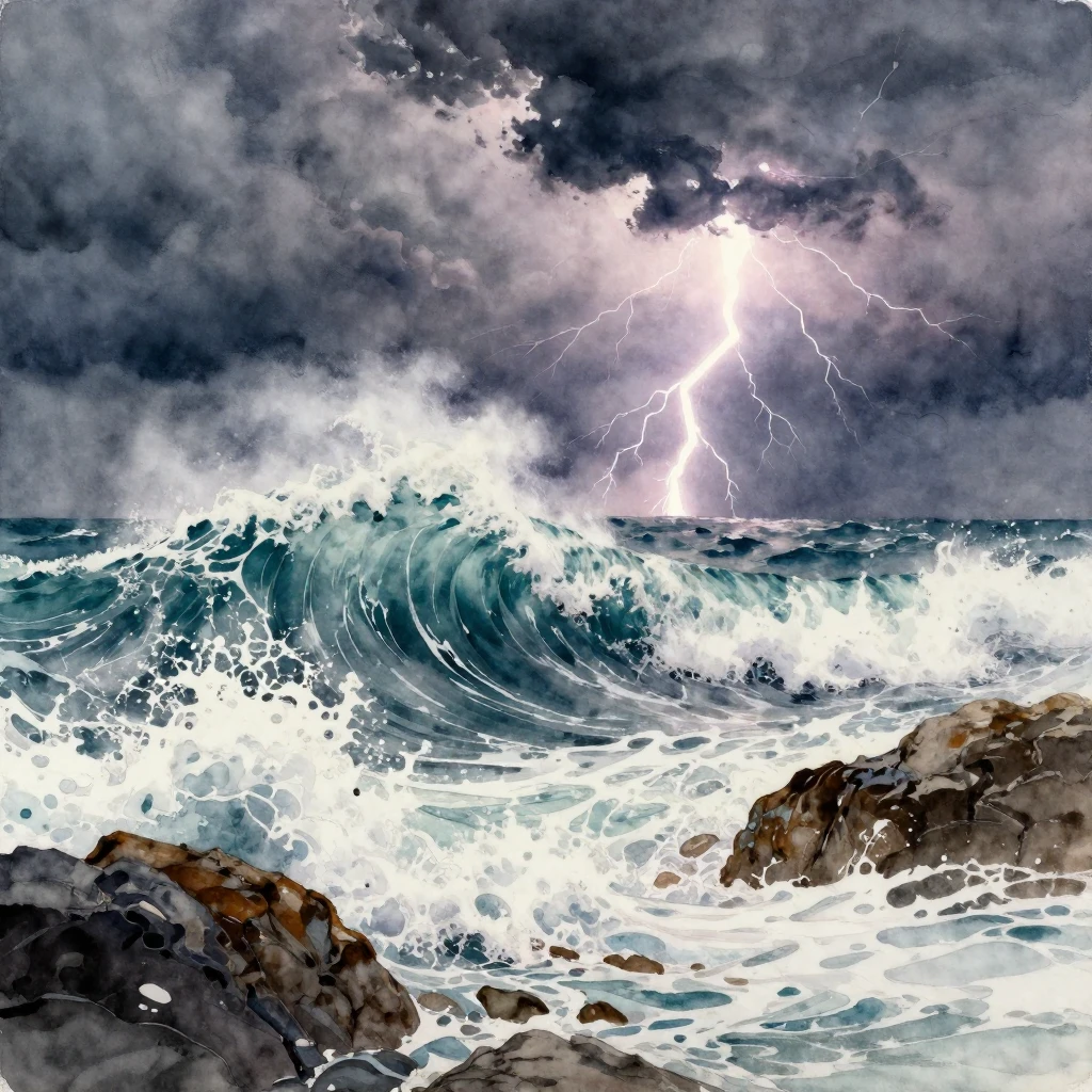 A watercolor painting depicting a stormy ocean. Huge, powerf...