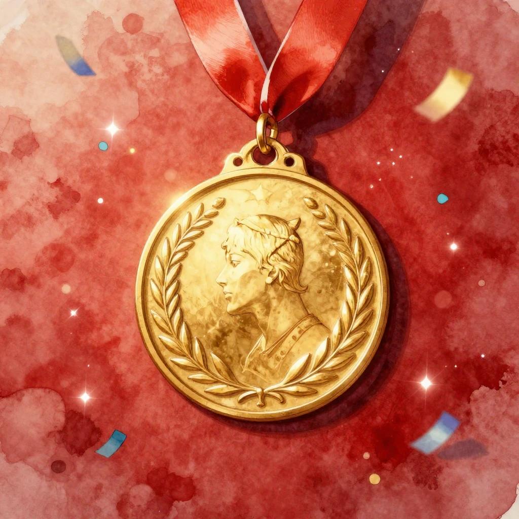 A festive watercolor painting showing a golden medal promine...