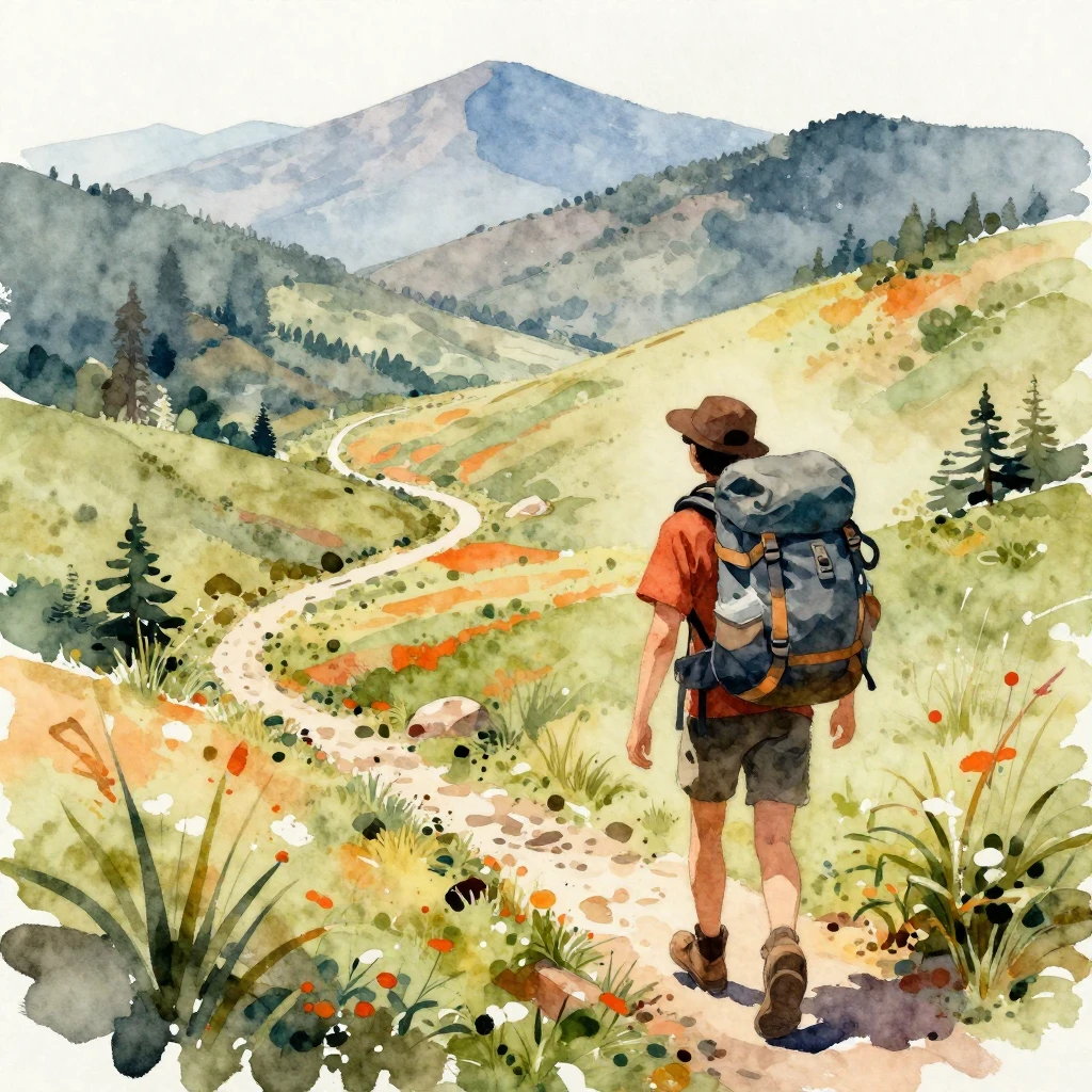 A dynamic watercolor painting illustrating the spirit of adv...