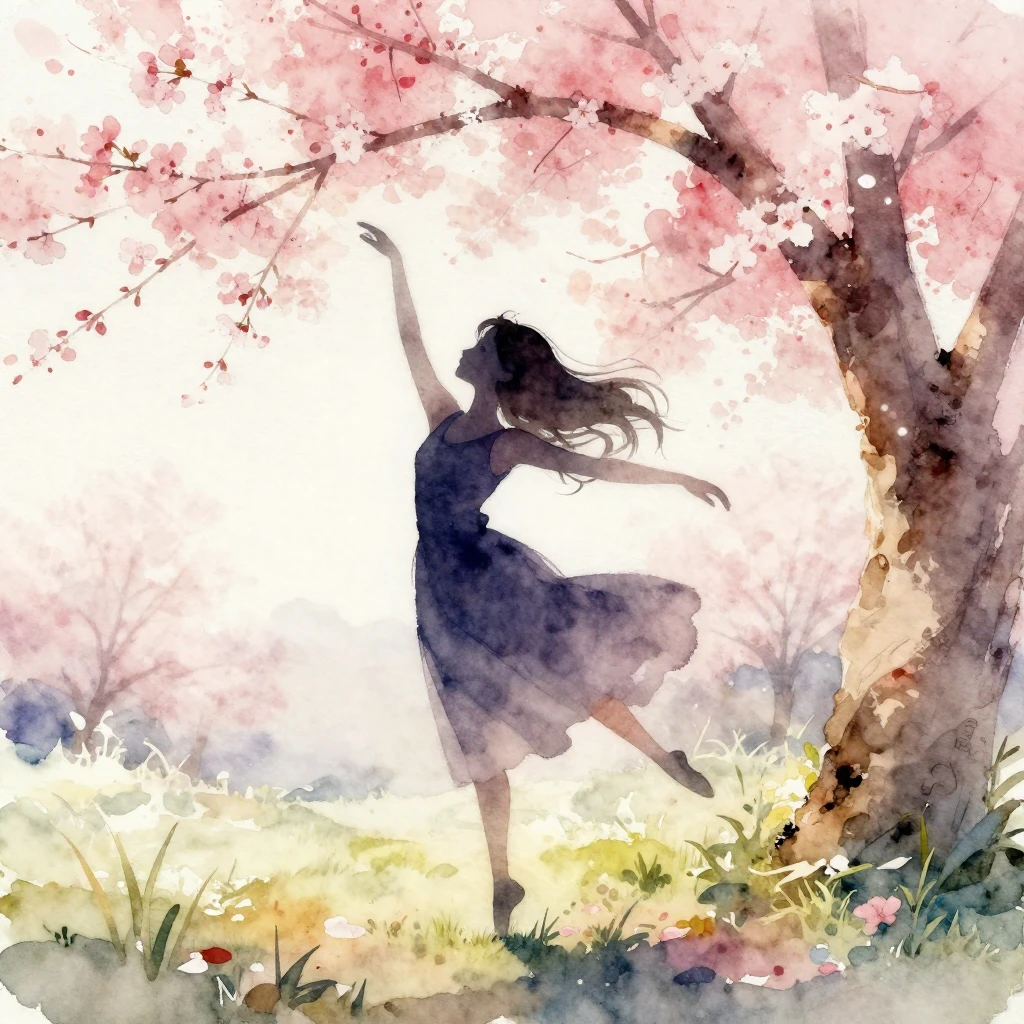 Watercolor painting of a graceful silhouette of a girl danci...