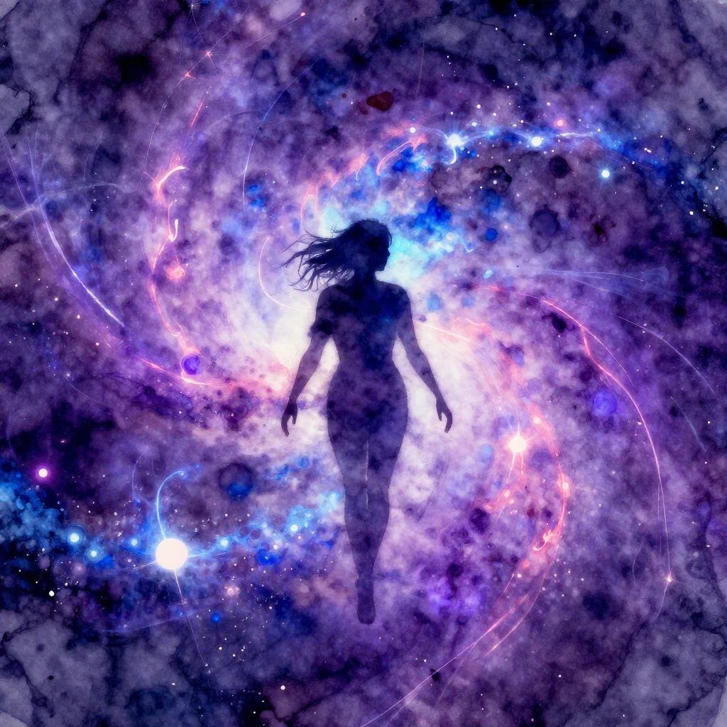 Watercolor style. A silhouette of a person floating in a vib...