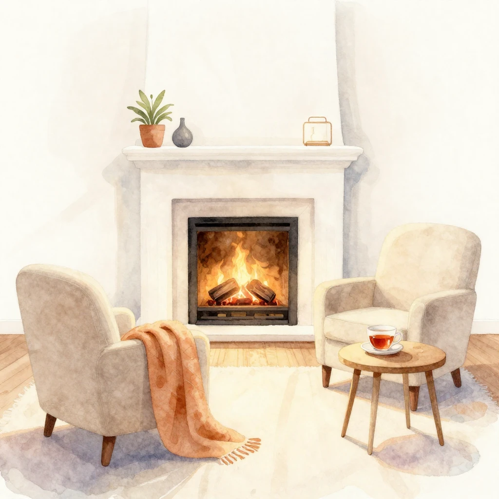 A watercolor illustration of a cozy living room with a firep...