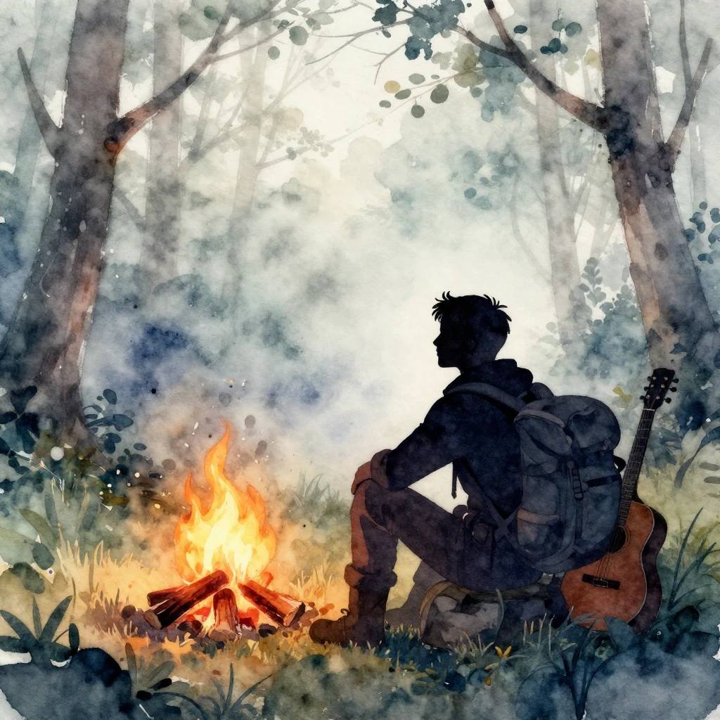 Watercolor style. A lone traveler silhouette sitting quietly...