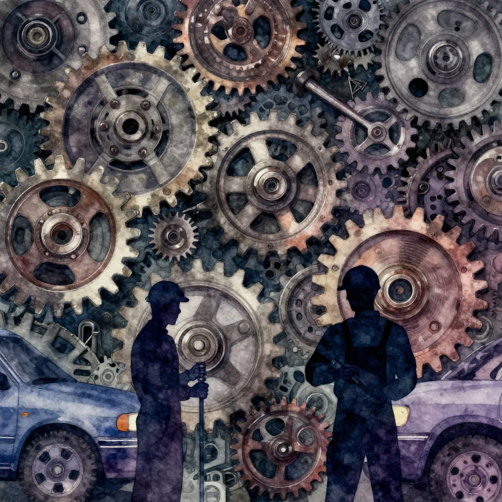 Vibrant watercolor style industrial art, depicting an intric...