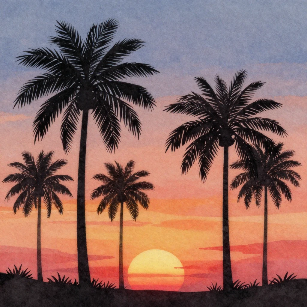 A watercolor painting focusing on silhouettes of palm trees ...