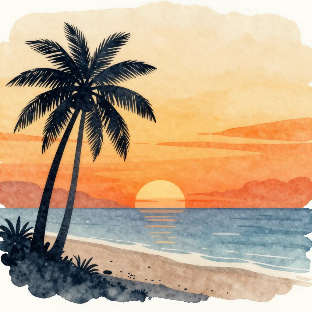 Watercolor painting of a serene tropical beach at sunset, wi...