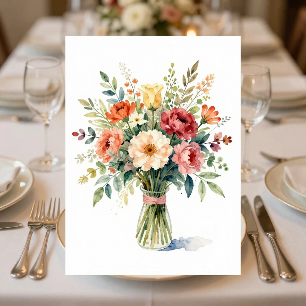 An elegant table setting, featuring a watercolor painting of...