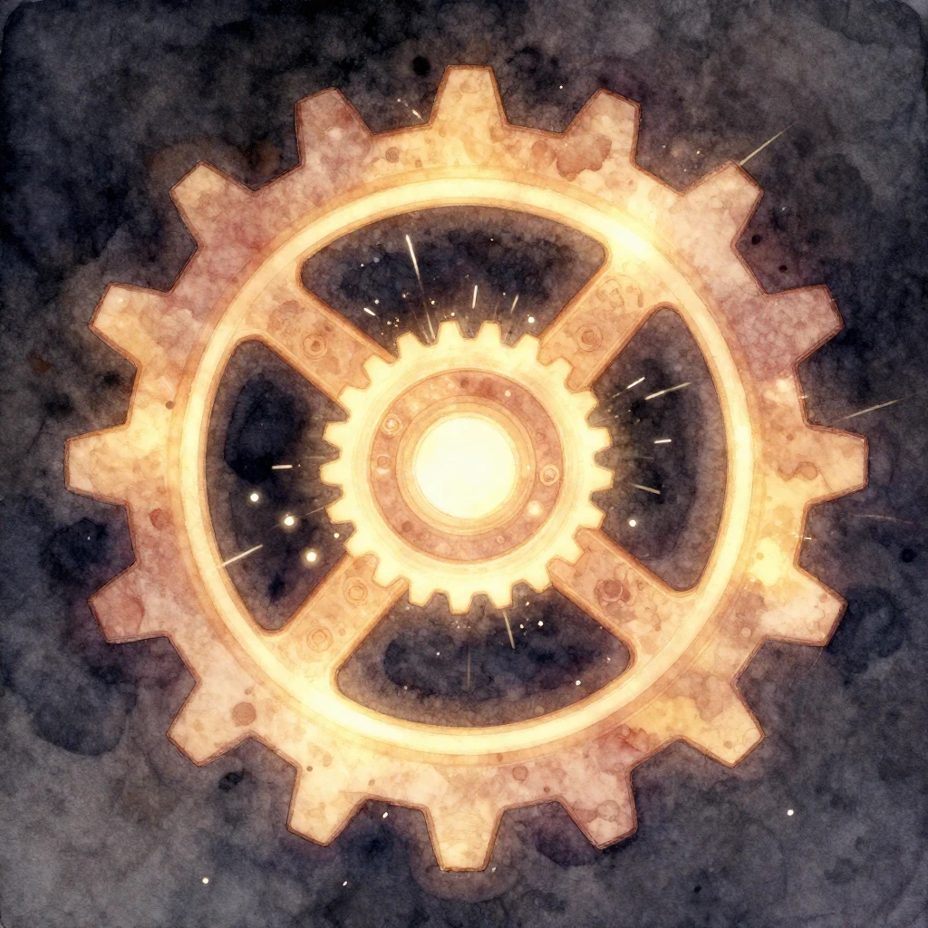 A close-up of a large, intricate glowing gear, emitting spar...