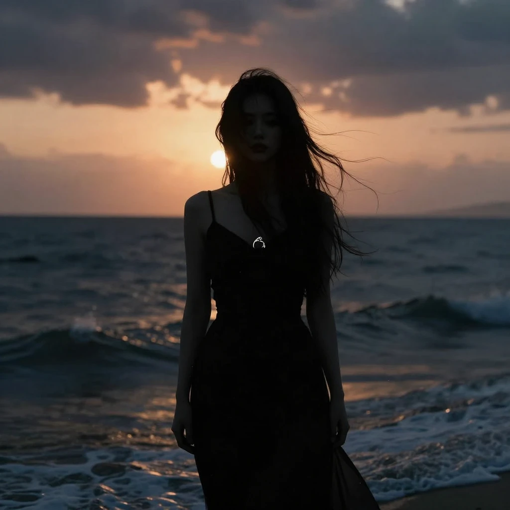 A ghostly female silhouette in a stormy ocean at sunset, wit...