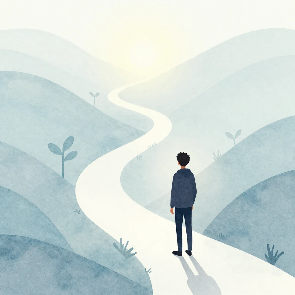 A young person's silhouette standing at the start of a windi...