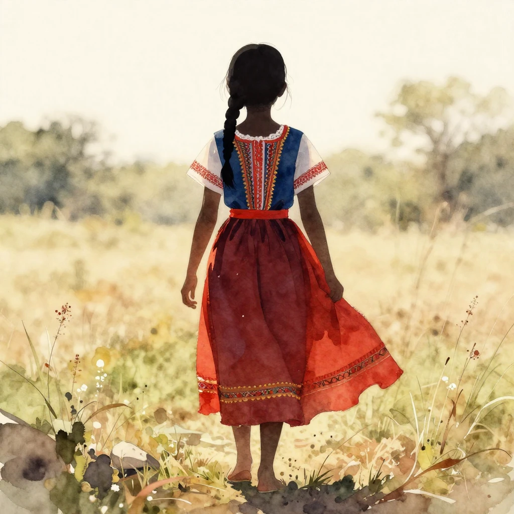 A silhouette of a girl in a traditional folk dress, standing...