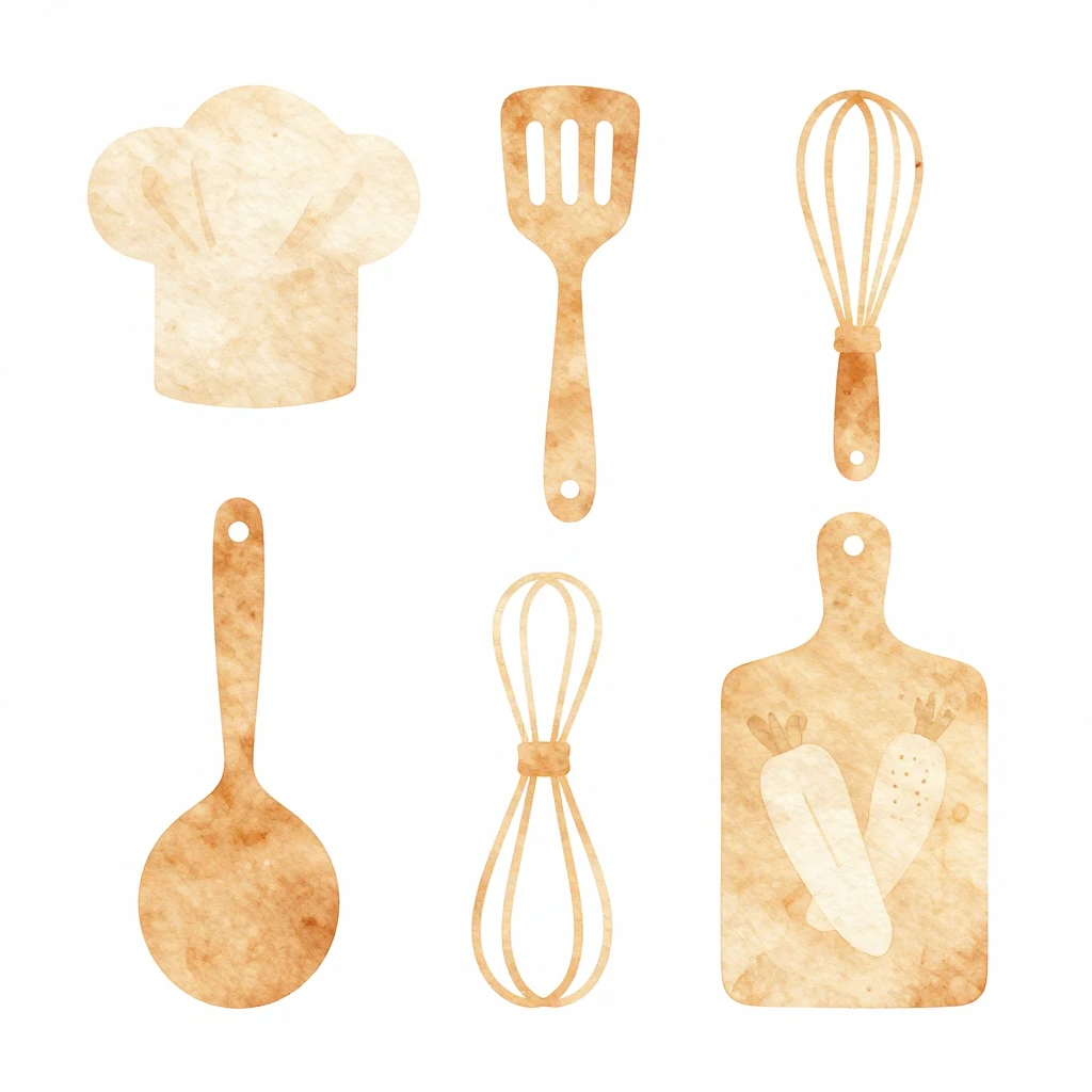 Minimalist watercolor silhouette of various kitchen utensils...