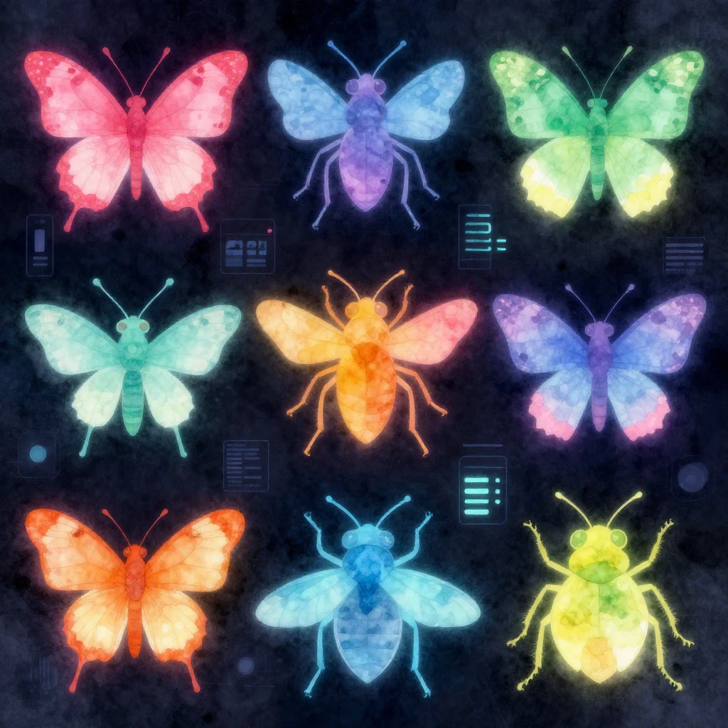 Vibrant, colorful insect silhouettes with a strong neon glow...