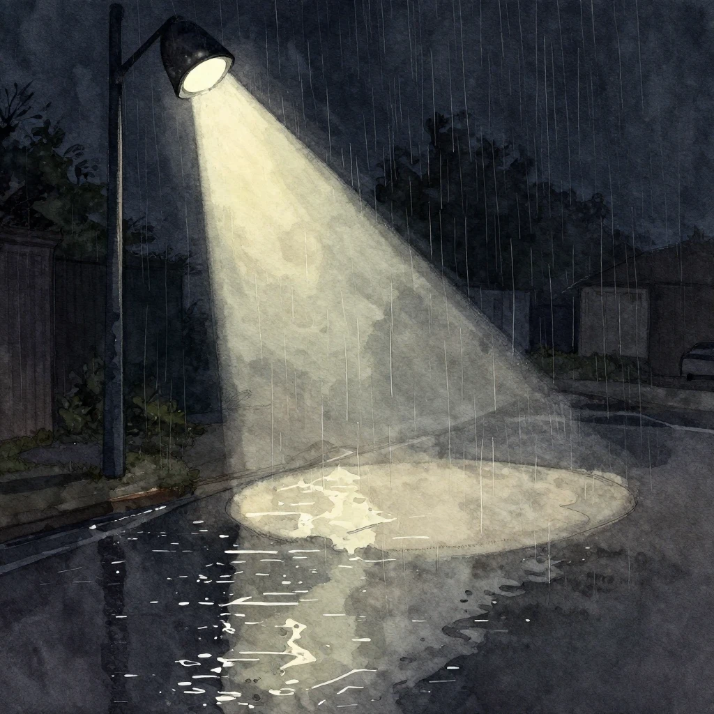 A single spotlight illuminating a rain-soaked street at nigh...
