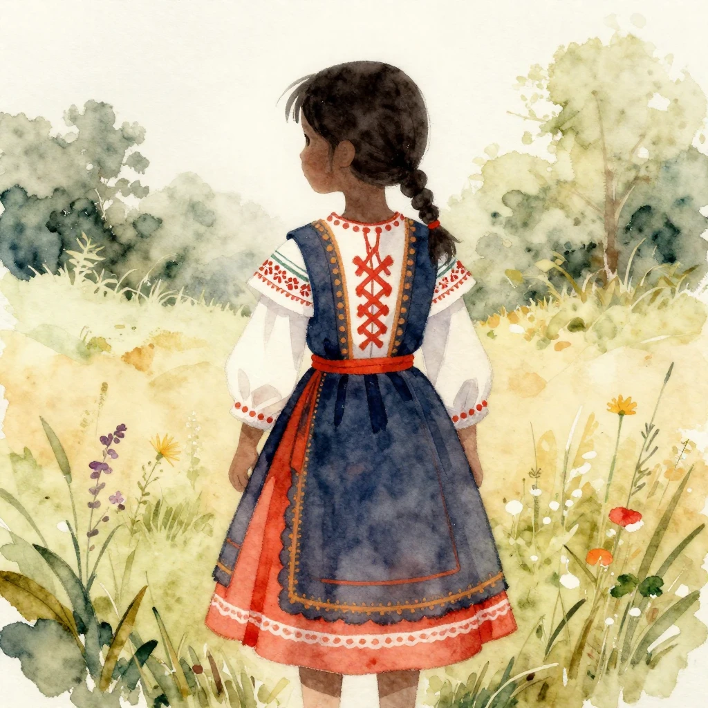A watercolor painting showing the silhouette of a young girl...