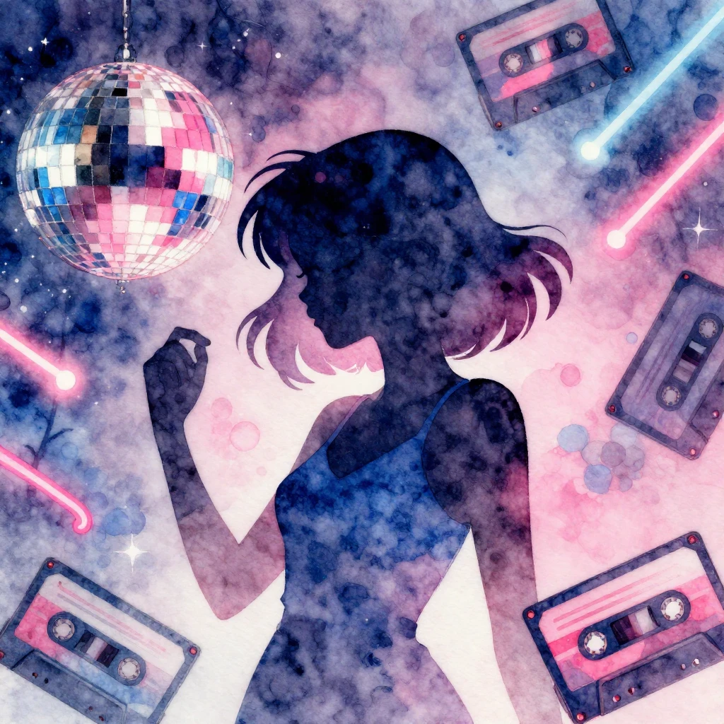 Watercolor style image depicting a retro party scene. Featur...