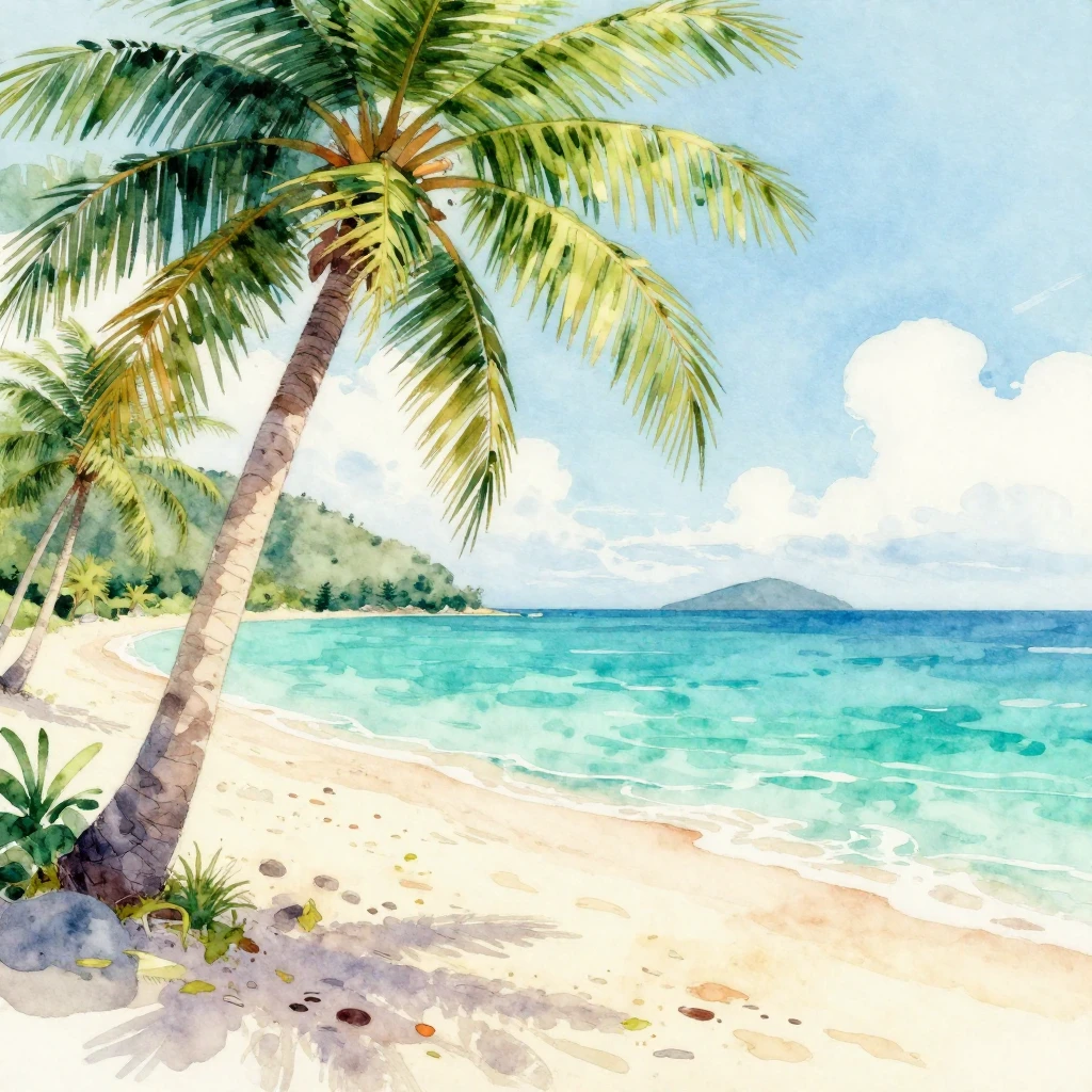 A watercolor painting of a lush tropical beach with palm tre...