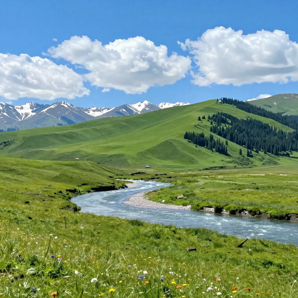 A vibrant, serene landscape featuring rolling green hills, a...