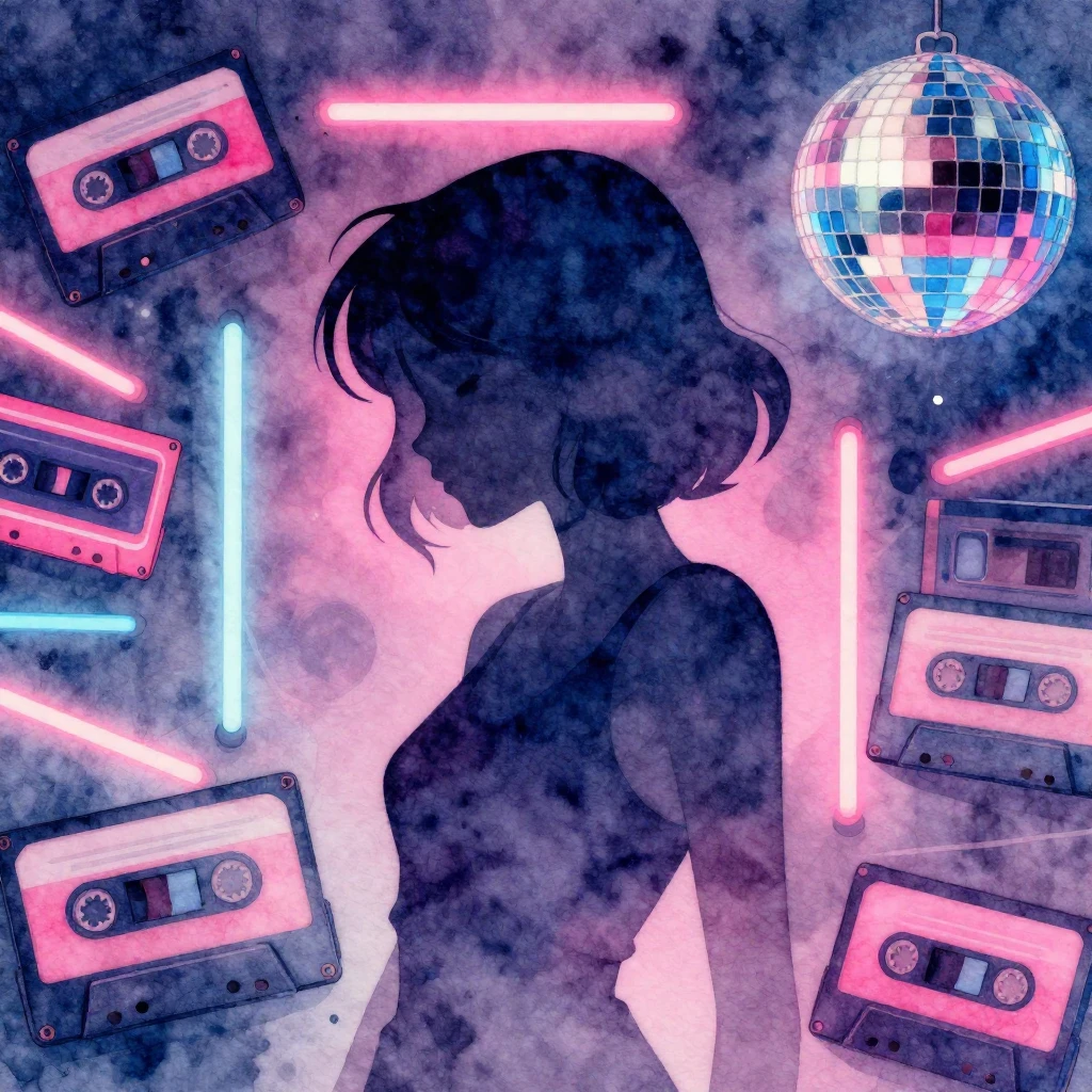 Watercolor style image of a retro 90s aesthetic scene. Featu...