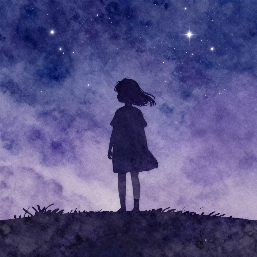 Watercolor painting of a silhouette of a young girl standing...