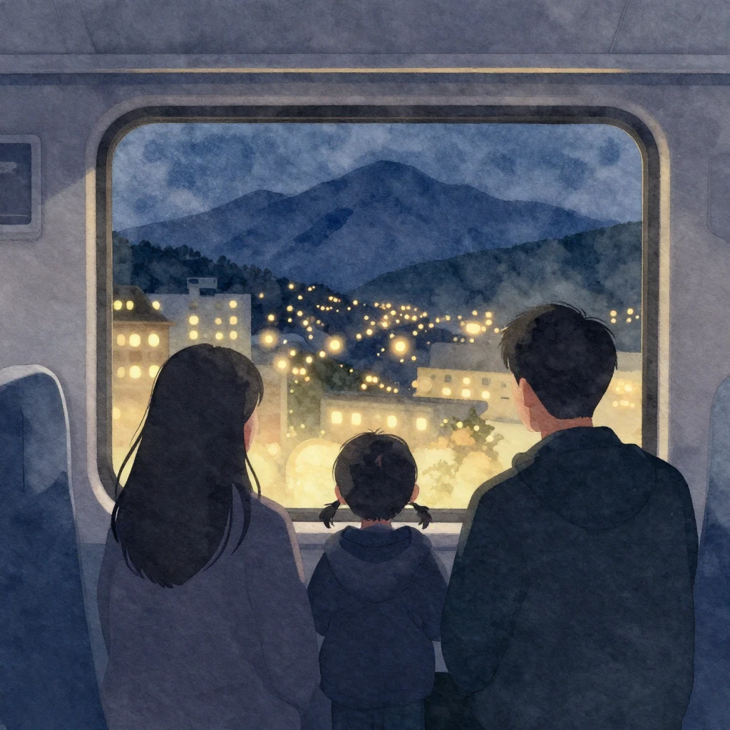 Watercolor and digital art style. Silhouette of a family ins...