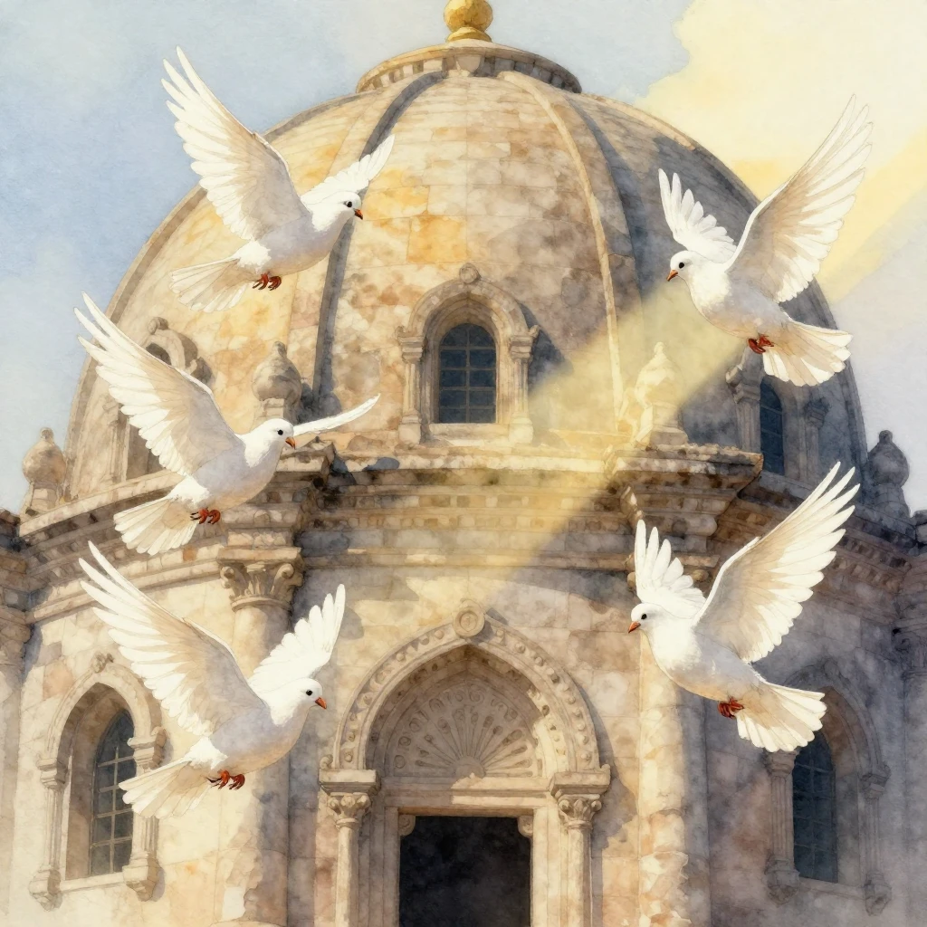 Watercolor painting of several white doves flying gracefully...