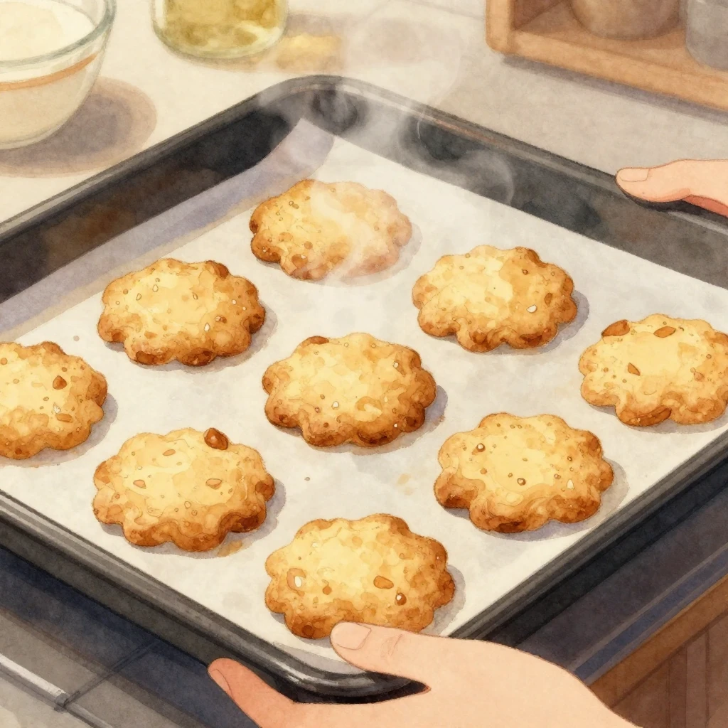 Watercolor painting of golden brown cookies on a baking shee...