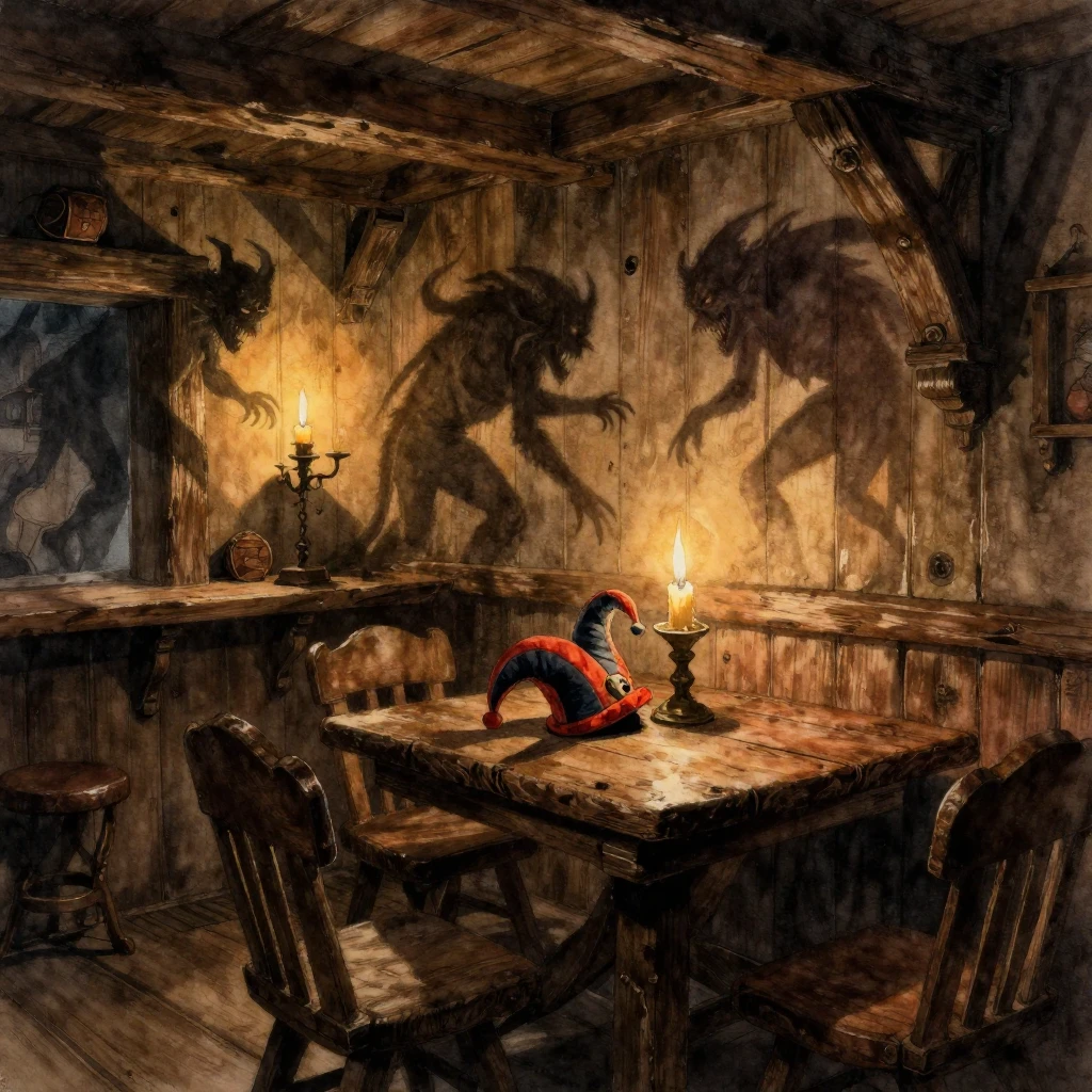 A dark medieval tavern interior, watercolor style, with flic...