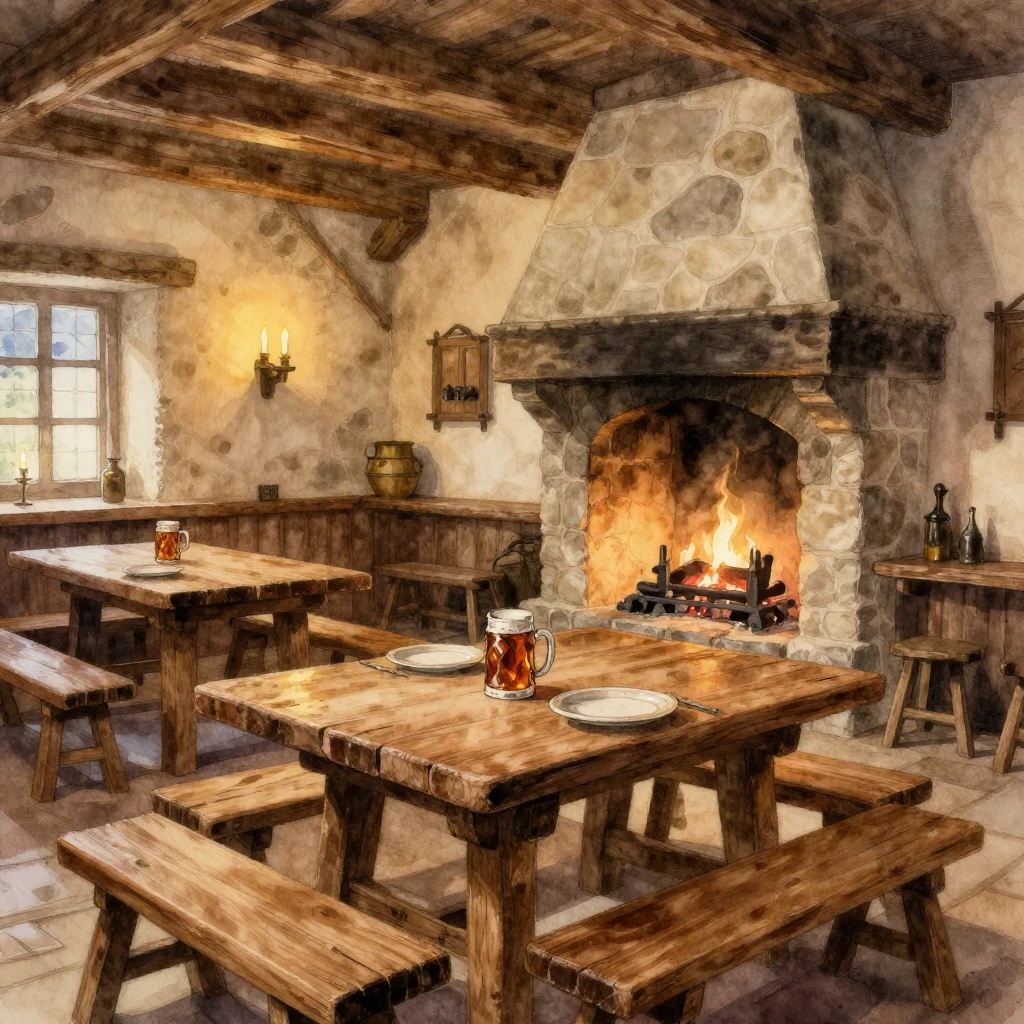 A detailed medieval tavern interior, watercolor style, with ...