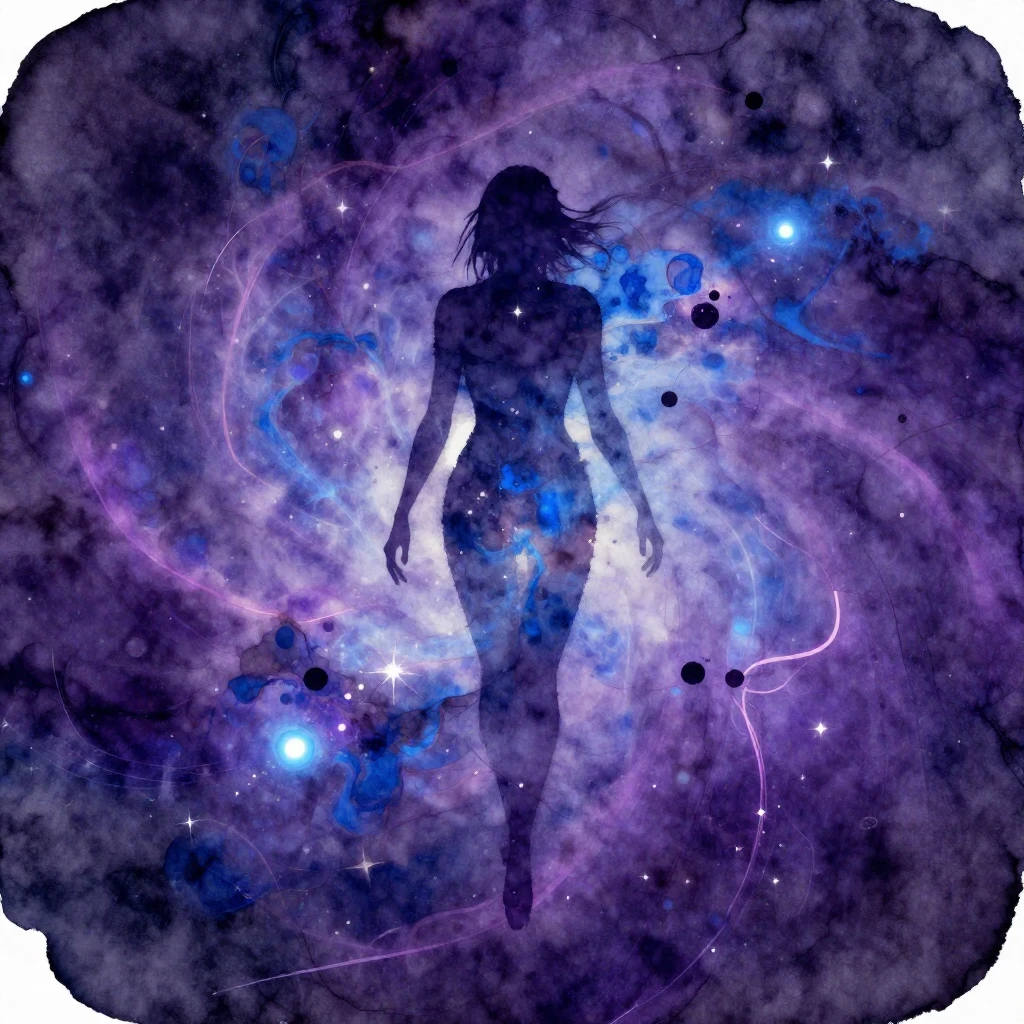 A watercolor image dominated by deep purple and electric blu...