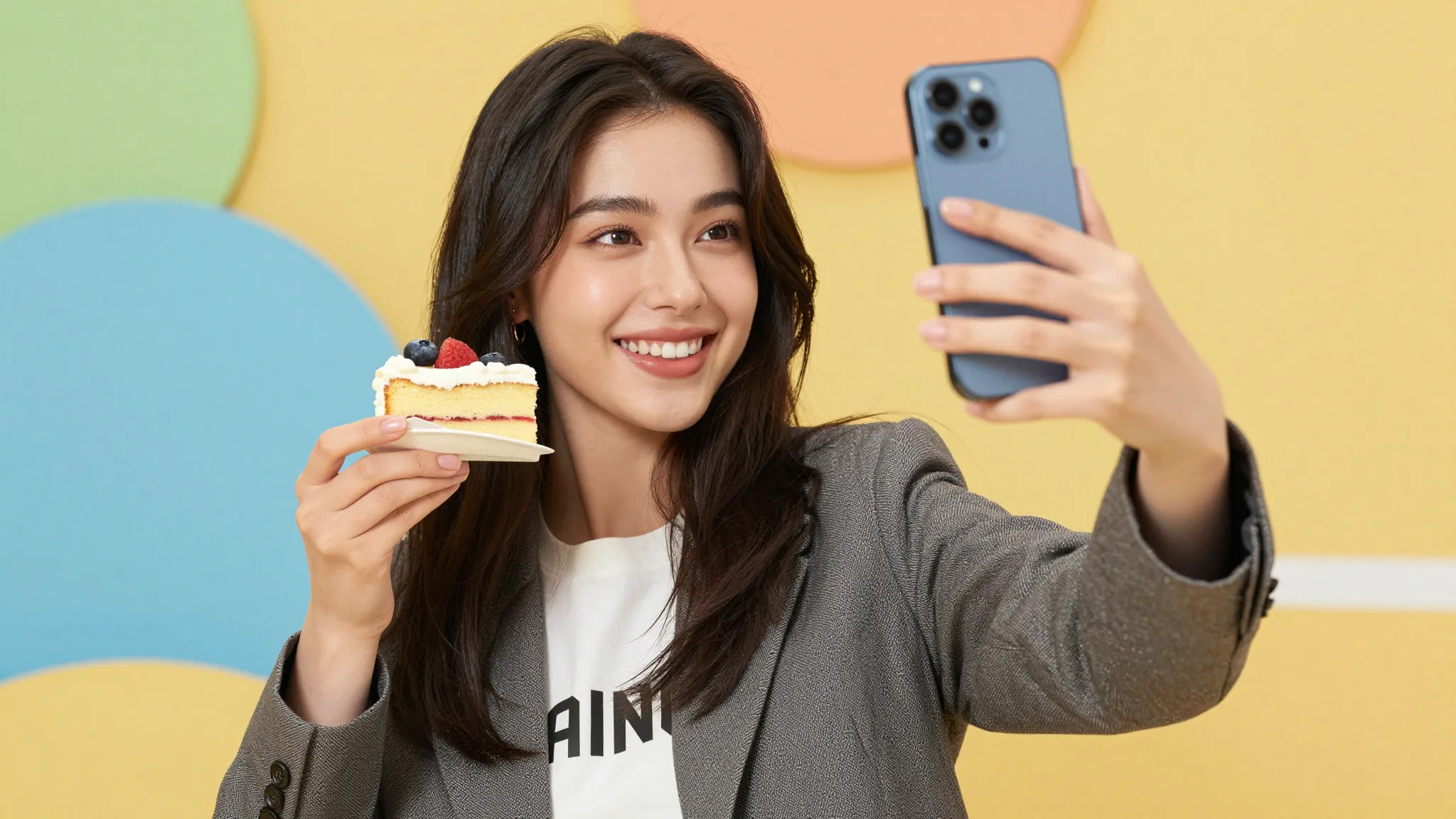 A joyful young woman named Ainis taking a selfie with a smar...