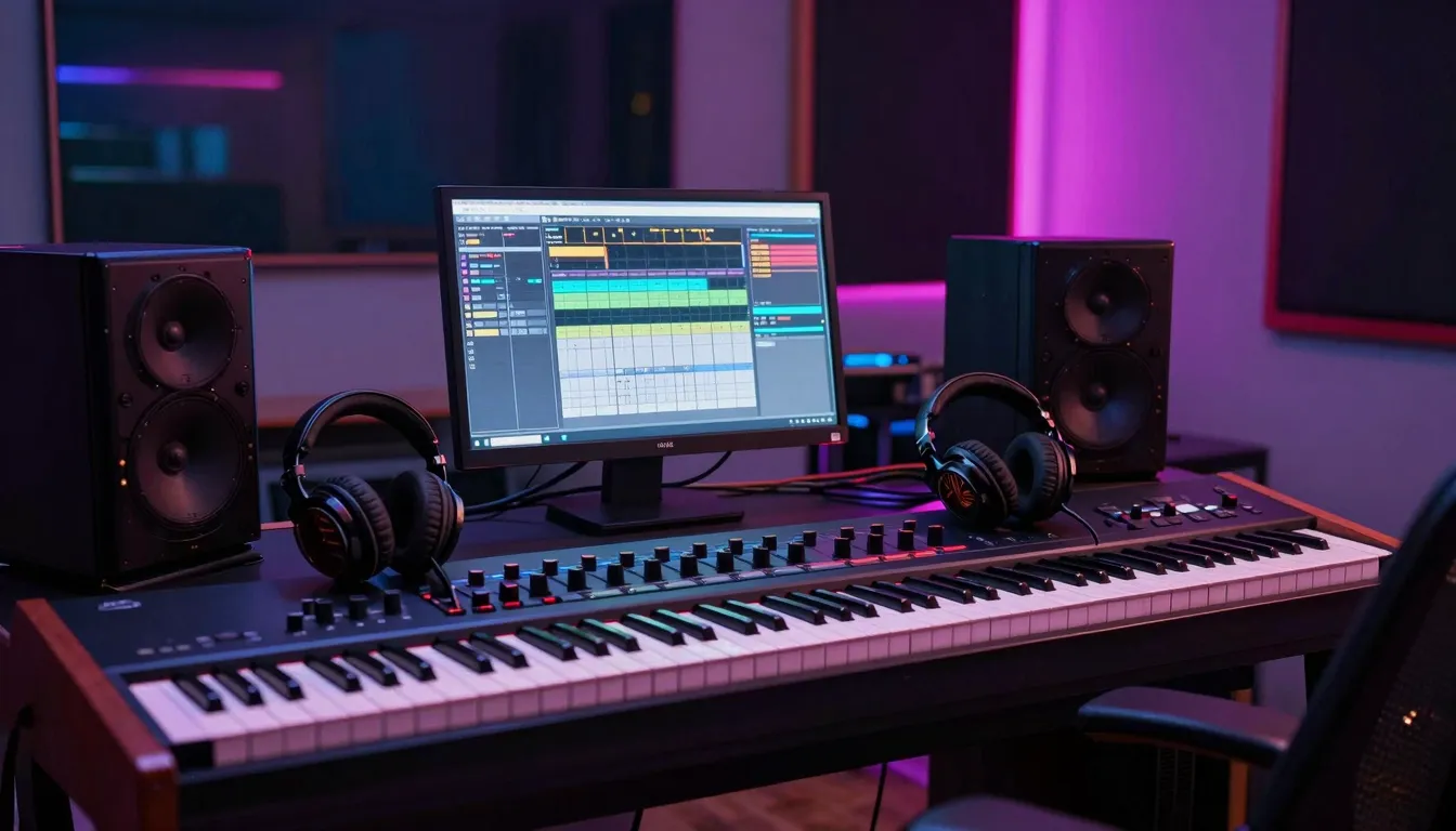 Professional music production studio with neon lighting, syn...