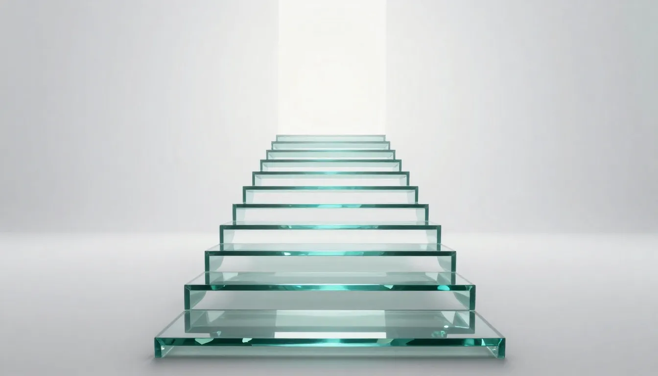 A conceptual art piece showing a staircase made of glass fac...