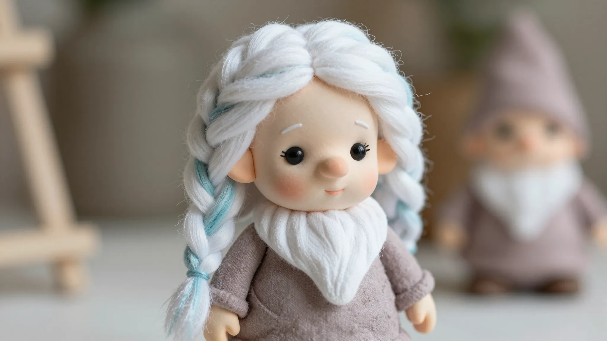 A close-up of a charming, finished gnome girl toy made in mi...
