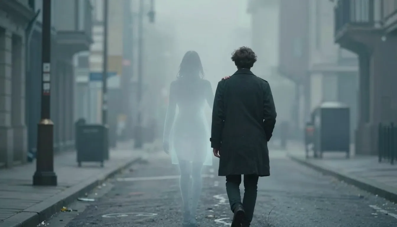 A melancholic cinematic shot of a lonely man walking down a ...