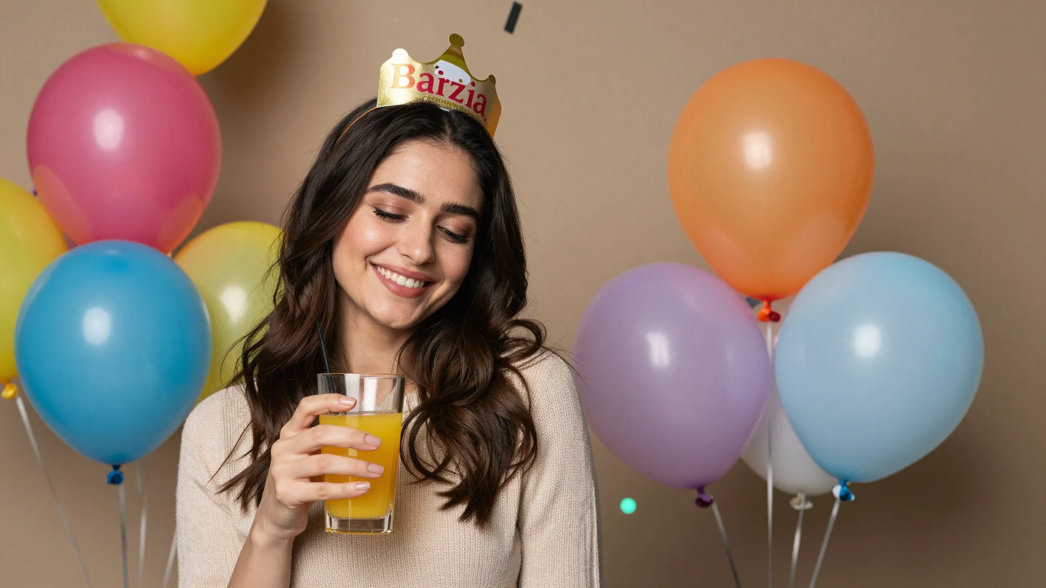 A happy woman named Manzura wearing a birthday crown, surrou...