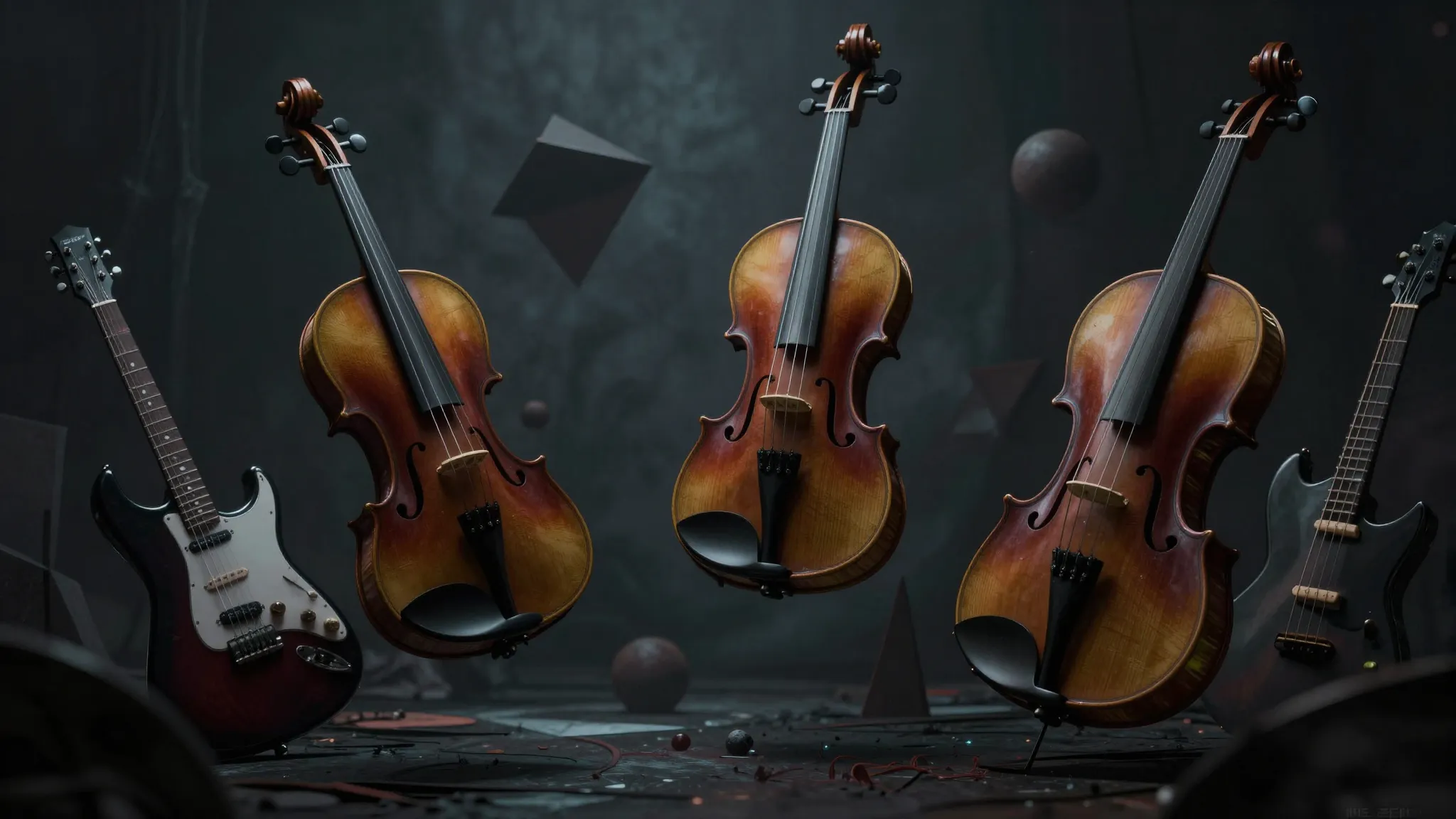 A dark, surreal musical landscape with floating violins, dis...