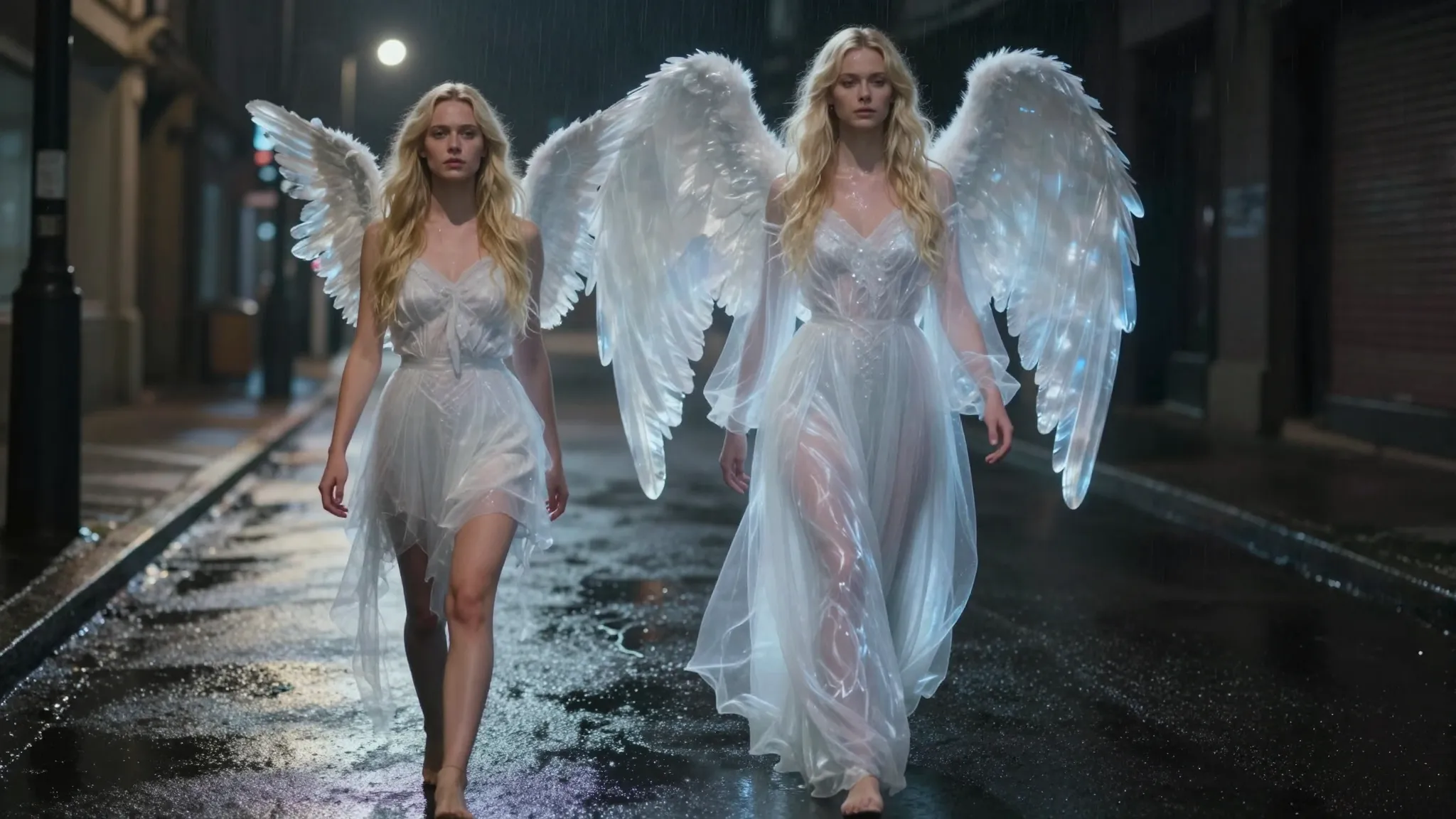 A cinematic shot of a blonde woman walking down a dark stree...
