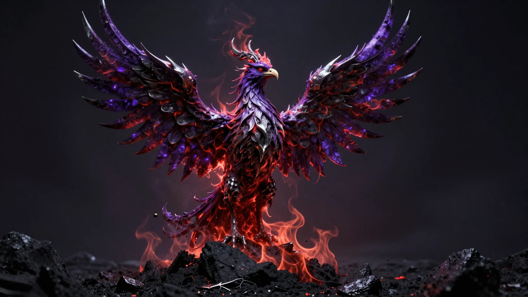 A dramatic gothic rock album cover, a burning phoenix made o...