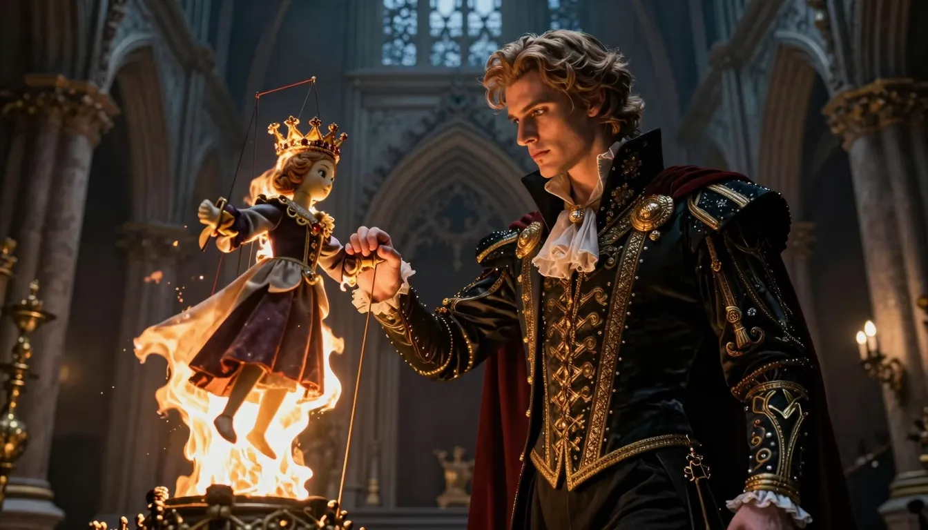 A majestic prince looking down at a broken marionette that i...