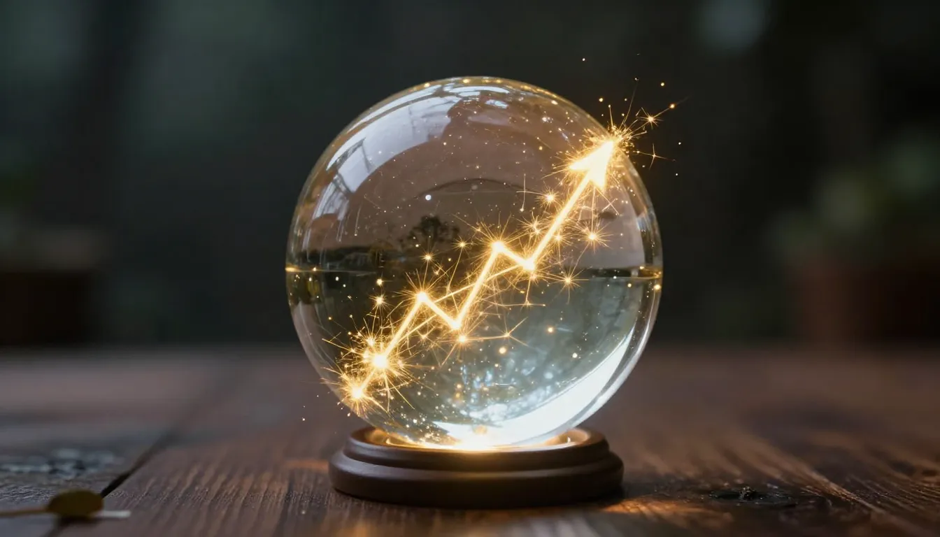 A magical crystal ball glowing with golden sparks on a woode...