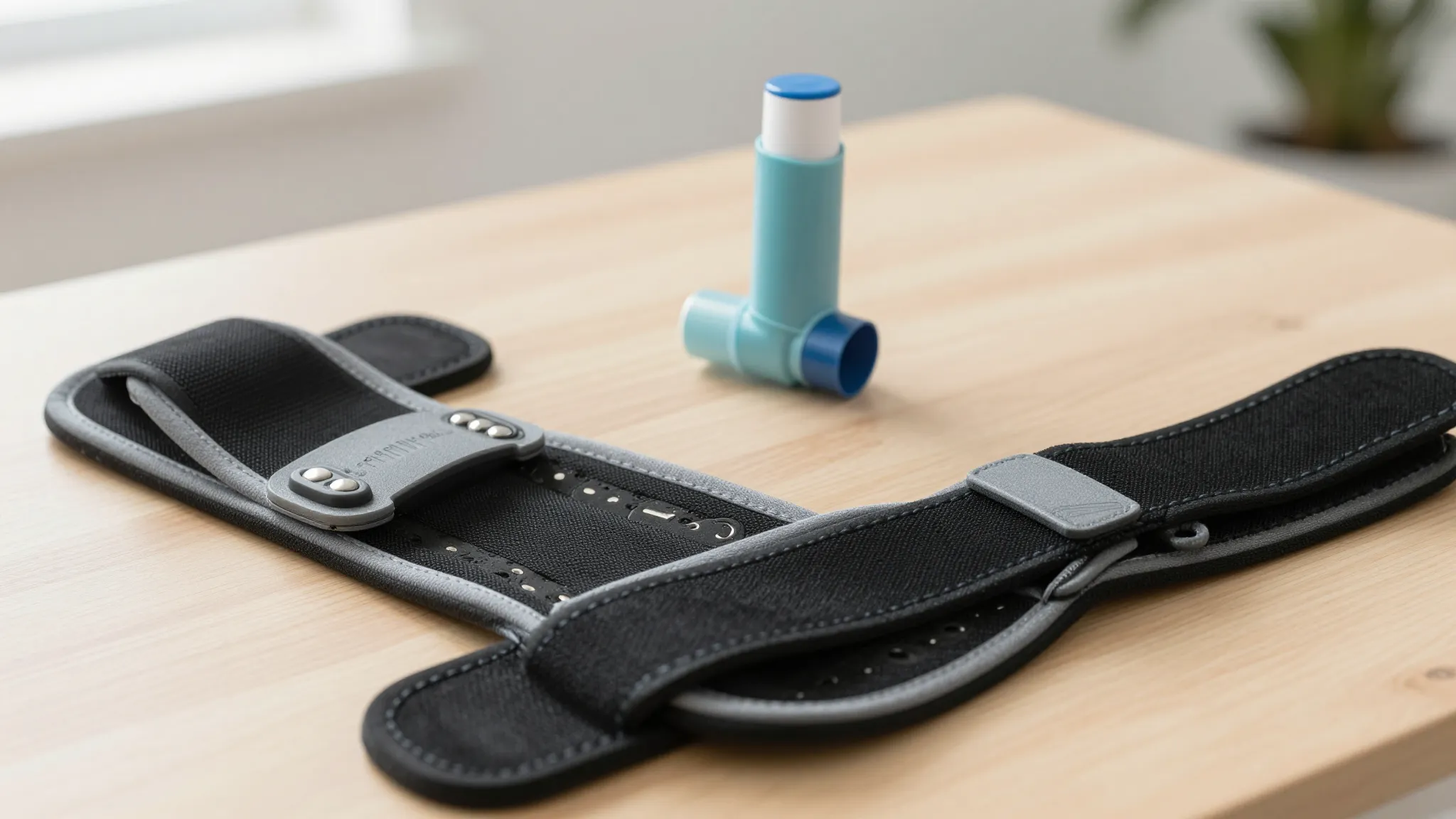 A set of orthopedic braces and a modern inhaler on a wooden ...