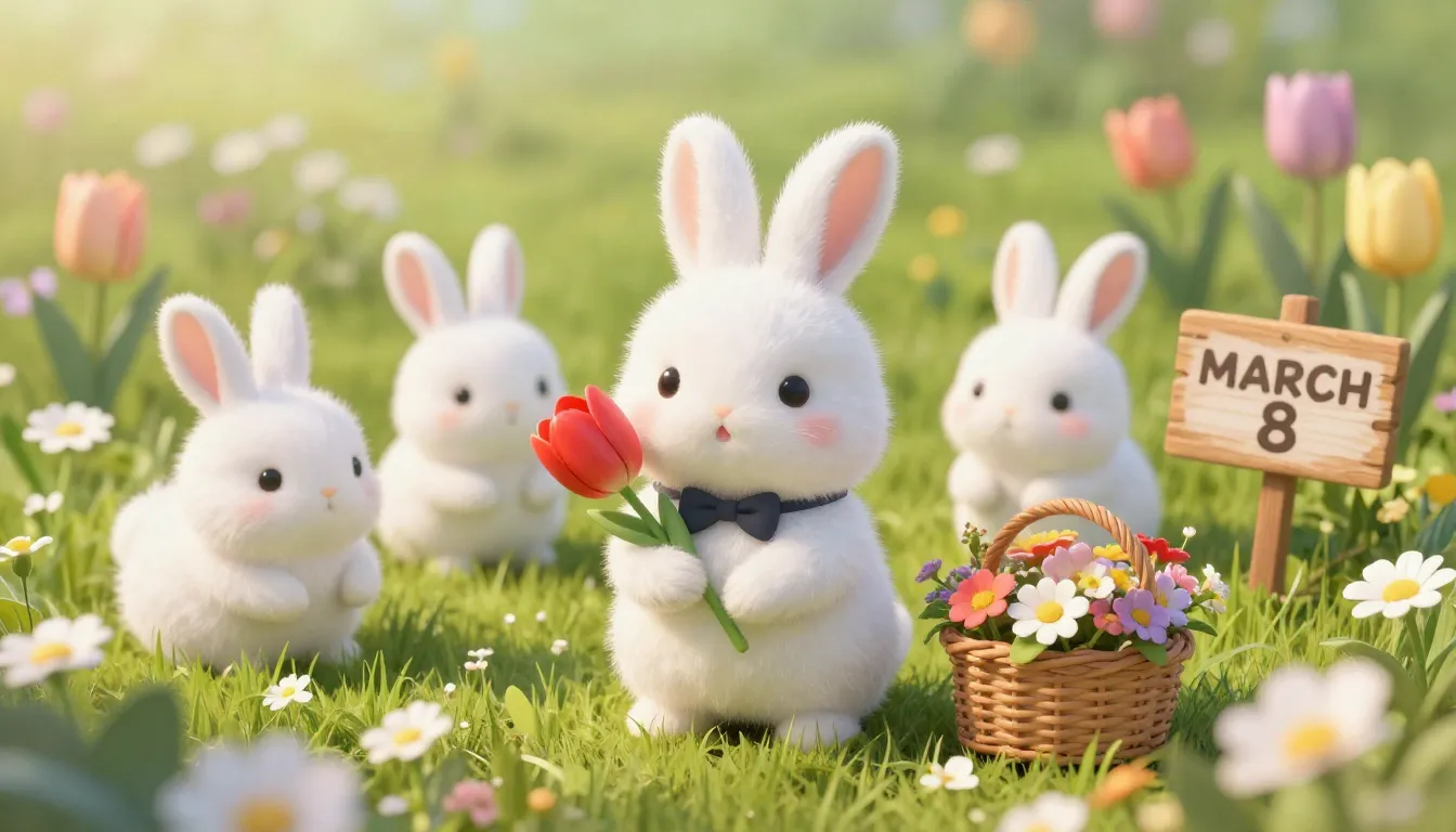 A group of adorable, fluffy white bunnies in a sunny spring ...