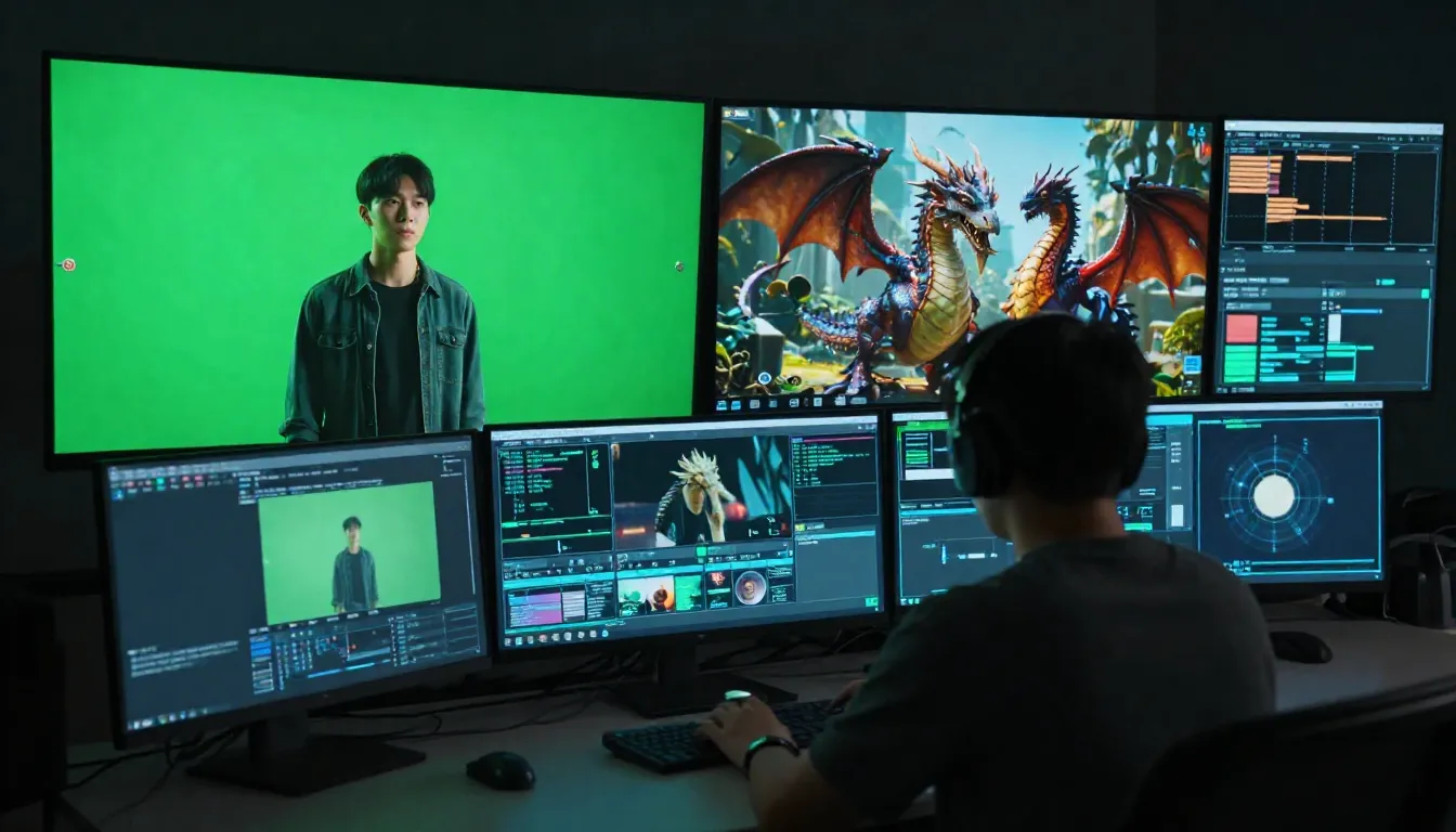 A futuristic digital artist working on a complex VFX scene o...