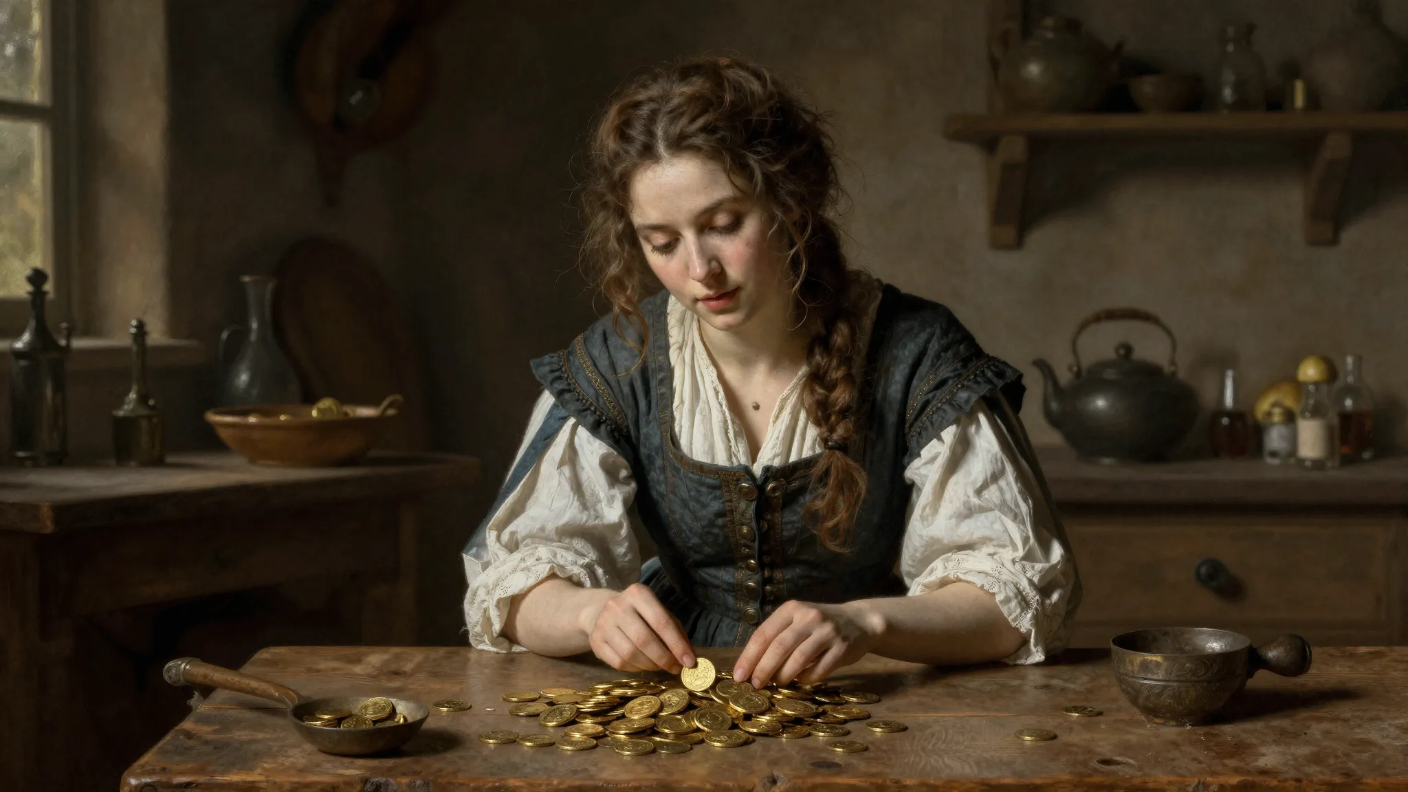 A beautiful young French peasant woman from 1660 with messy ...