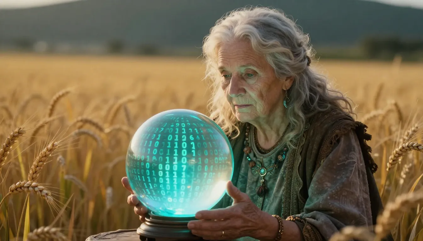 Mystical old woman looking into a glowing crystal ball showi...